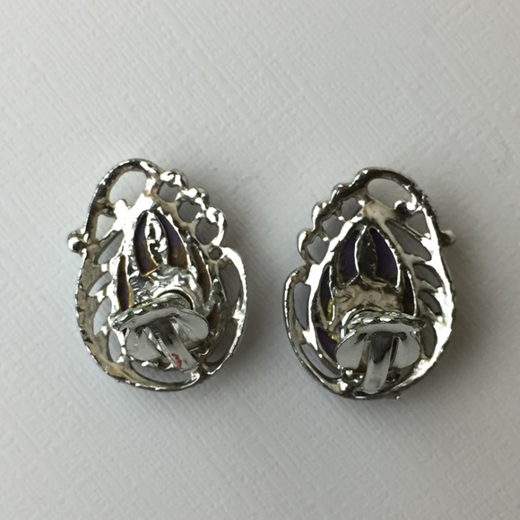 Vintage Purple Teardrop Silver Clip On Earrings - Picture 4 of 8